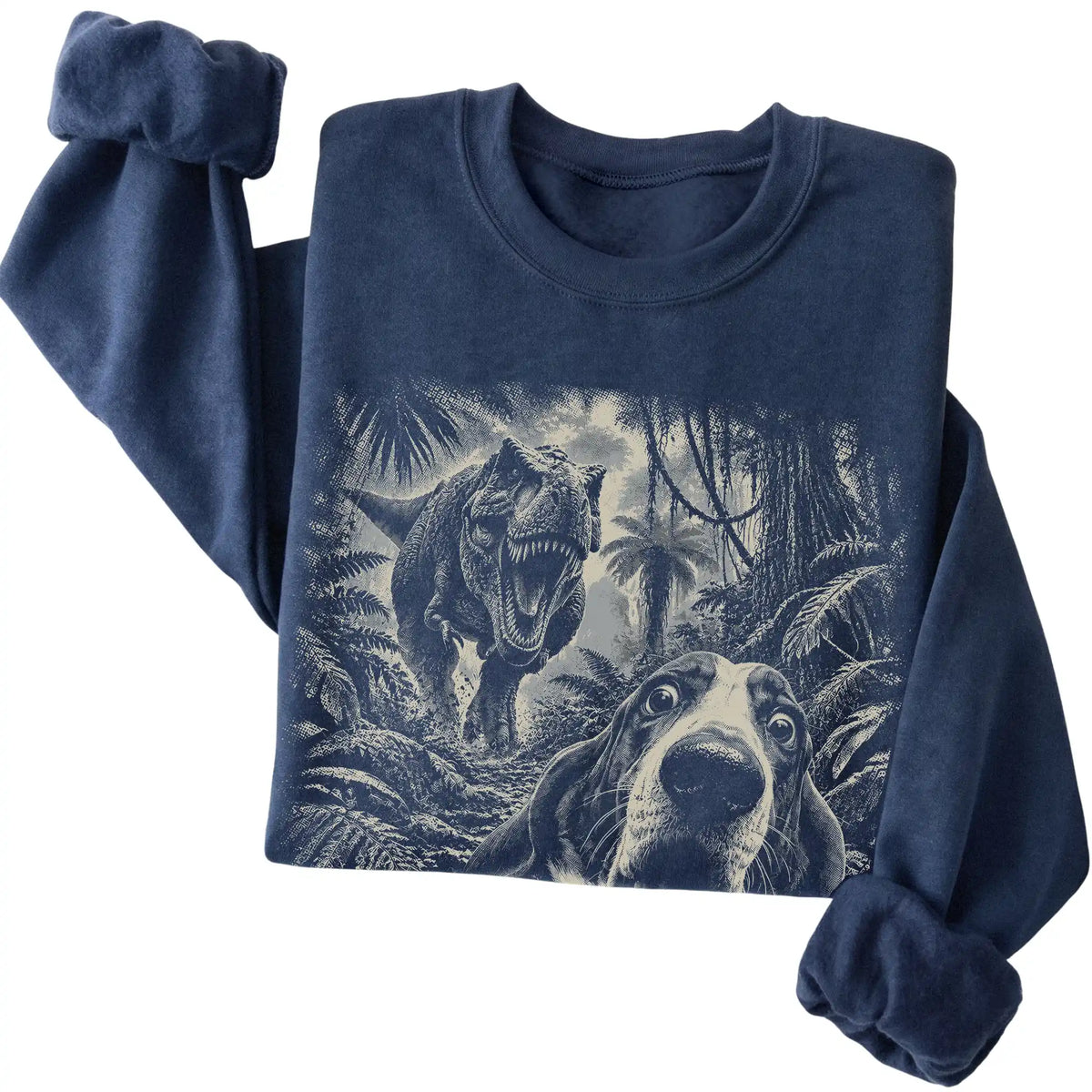 T-Rex Selfie Basset Hound Gildan Heavy Blend Crewneck Sweatshirt in Navy, folded detail