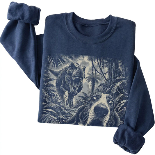 T-Rex Selfie Basset Hound Gildan Heavy Blend Crewneck Sweatshirt in Navy, folded detail