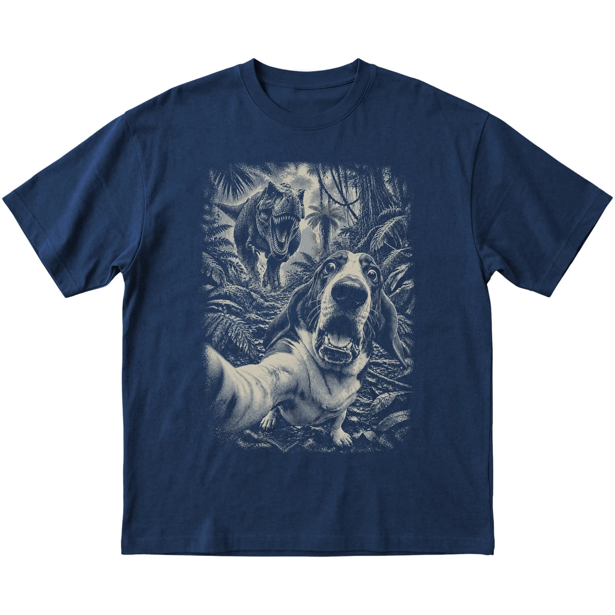 T-Rex Selfie Basset Hound Gildan Softstyle T-Shirt in Navy, flat lay