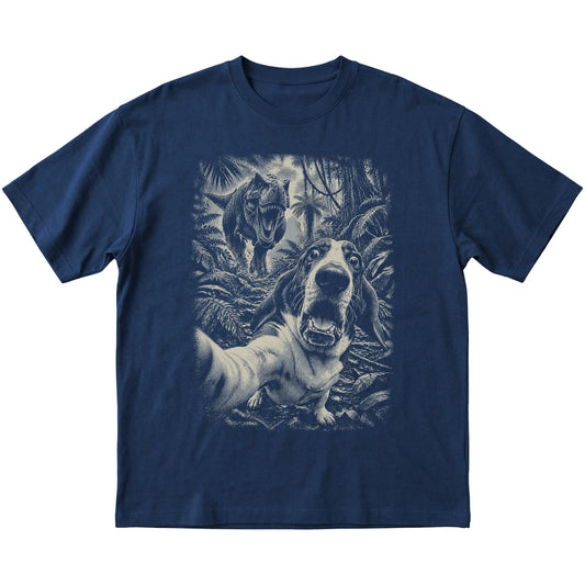T-Rex Selfie Basset Hound Gildan Softstyle T-Shirt in Navy, flat lay