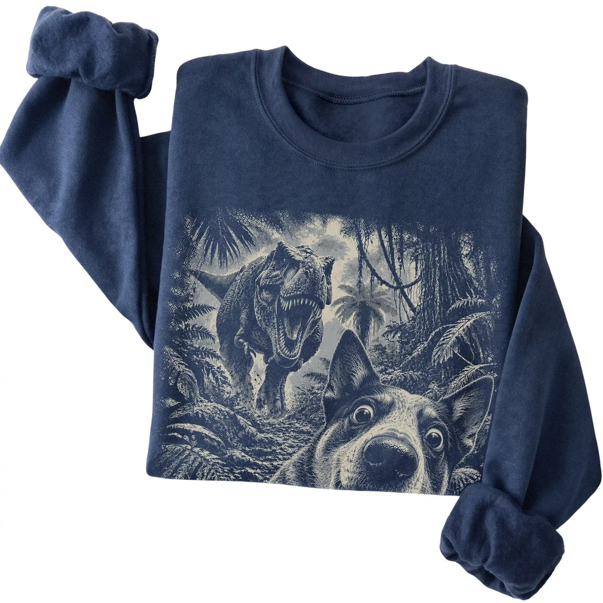 T-Rex Selfie Blue Heeler Gildan Heavy Blend Crewneck Sweatshirt in Navy, folded detail
