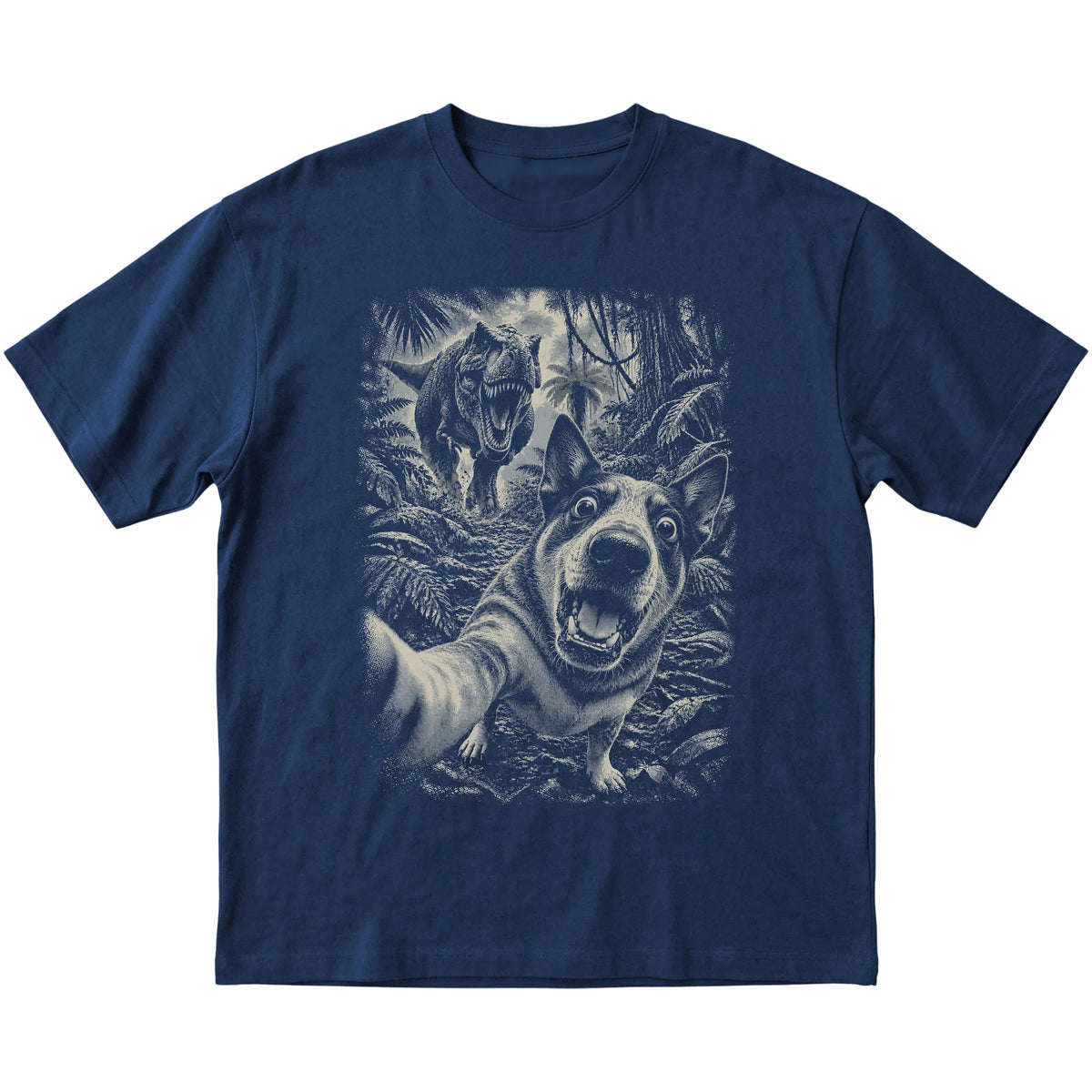T-Rex Selfie Blue Heeler Gildan Softstyle T-Shirt in Navy, flat lay