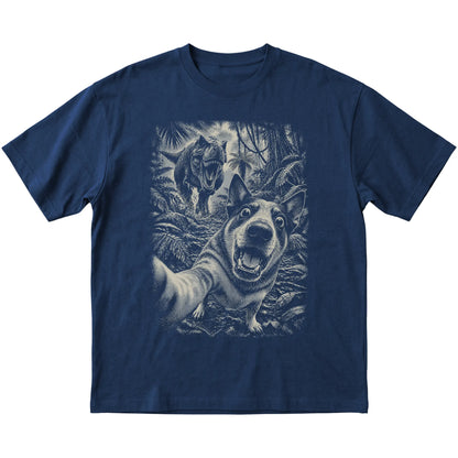T-Rex Selfie Blue Heeler Gildan Softstyle T-Shirt in Navy, flat lay