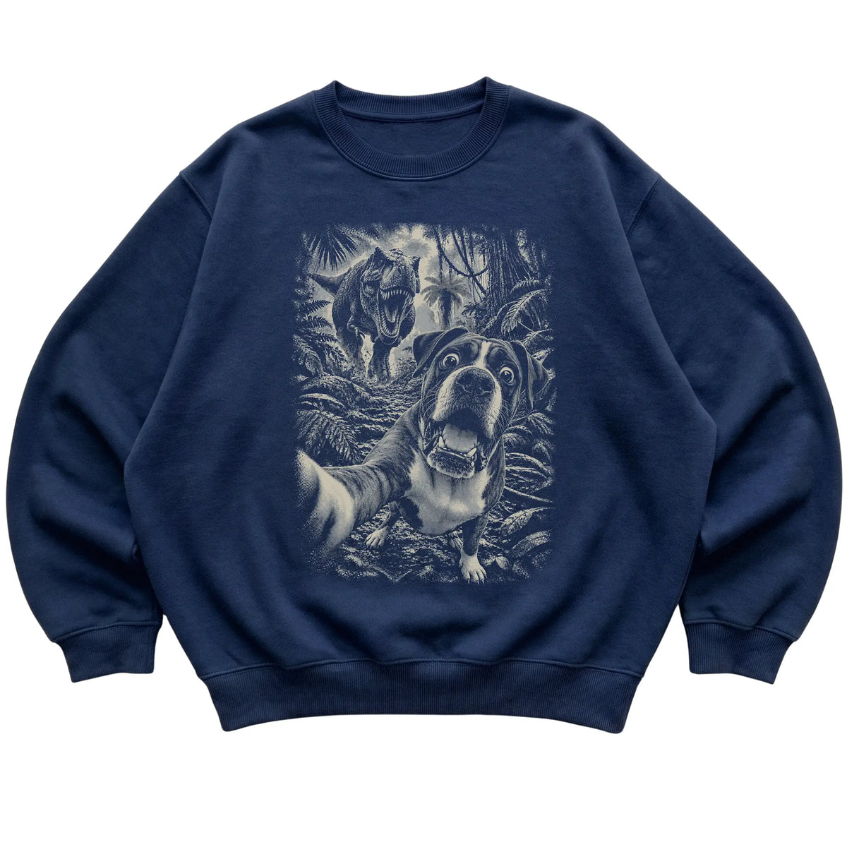 T-Rex Selfie Boxer Gildan Heavy Blend Crewneck Sweatshirt in Navy, flat lay