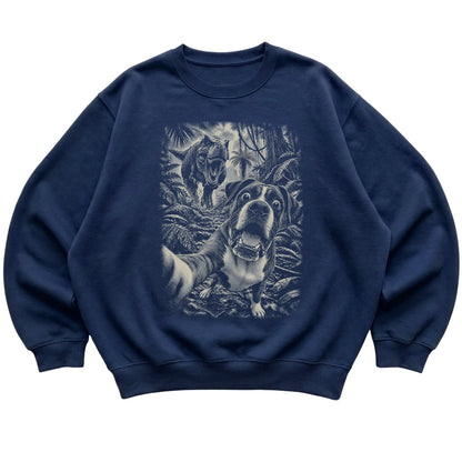 T-Rex Selfie Boxer Gildan Heavy Blend Crewneck Sweatshirt in Navy, flat lay