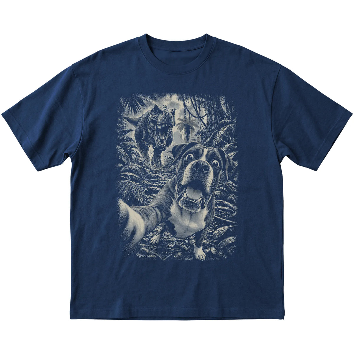 T-Rex Selfie Boxer Gildan Softstyle T-Shirt in Navy, flat lay