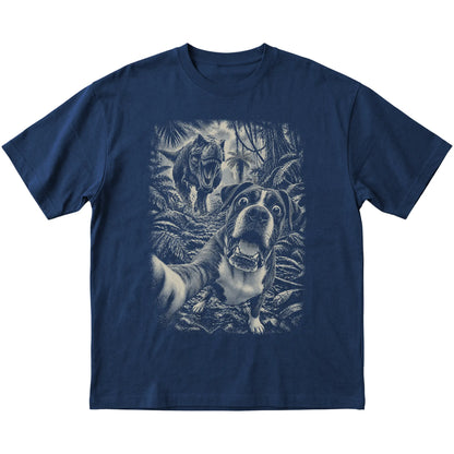 T-Rex Selfie Boxer Gildan Softstyle T-Shirt in Navy, flat lay