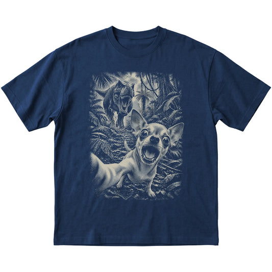 T-Rex Selfie Chihuahua Gildan Softstyle T-Shirt in Navy, flat lay