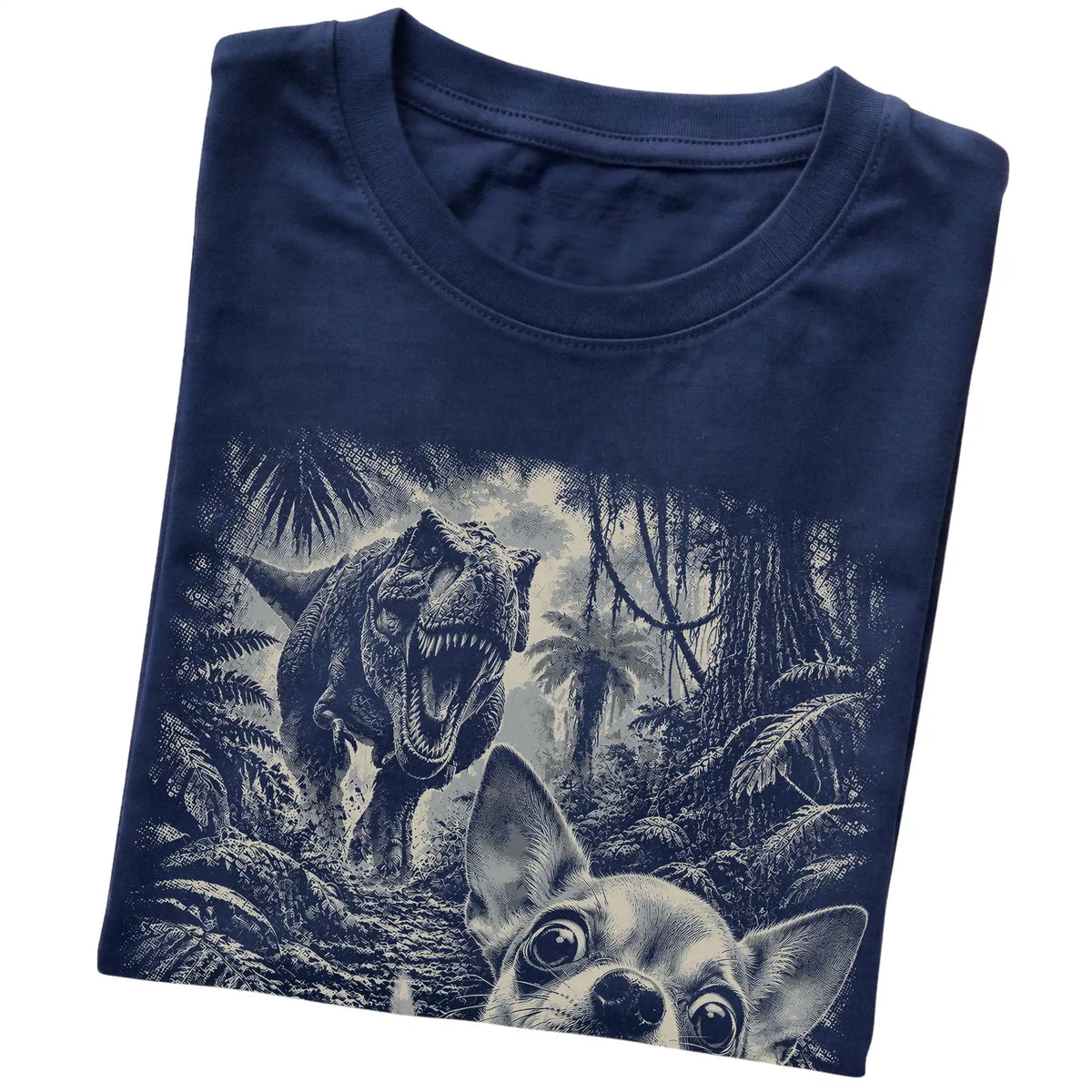 T-Rex Selfie Chihuahua Gildan Softstyle T-Shirt in Navy, folded detail