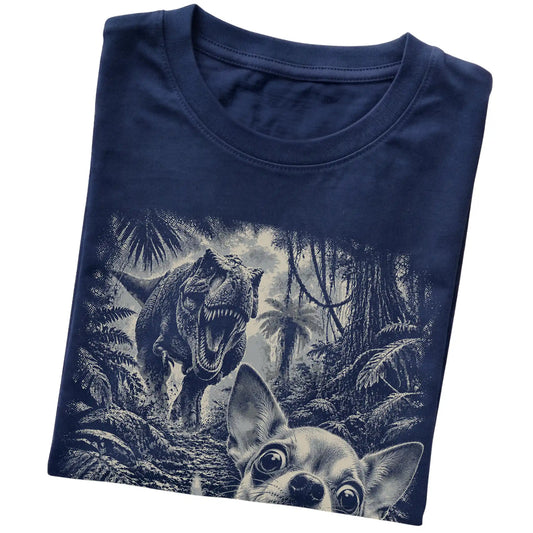 T-Rex Selfie Chihuahua Gildan Softstyle T-Shirt in Navy, folded detail