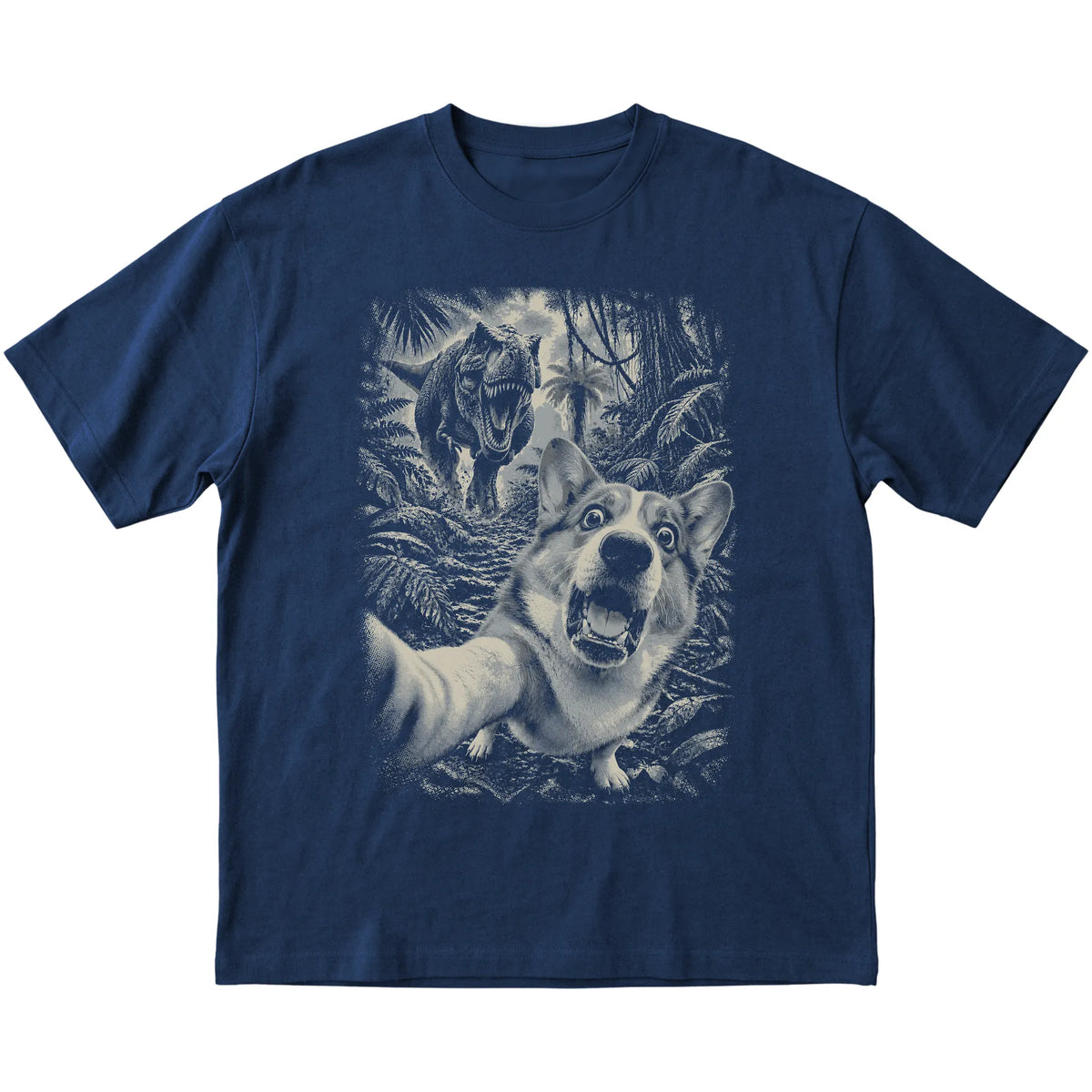 T-Rex Selfie Corgi Gildan Softstyle T-Shirt in Navy, flat lay