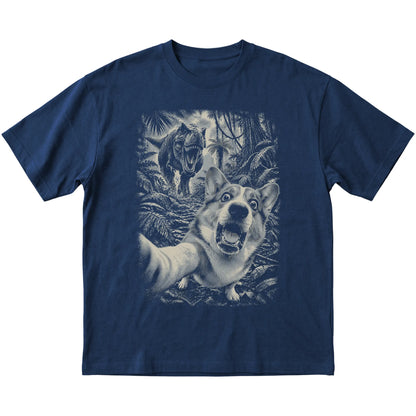 T-Rex Selfie Corgi Gildan Softstyle T-Shirt in Navy, flat lay