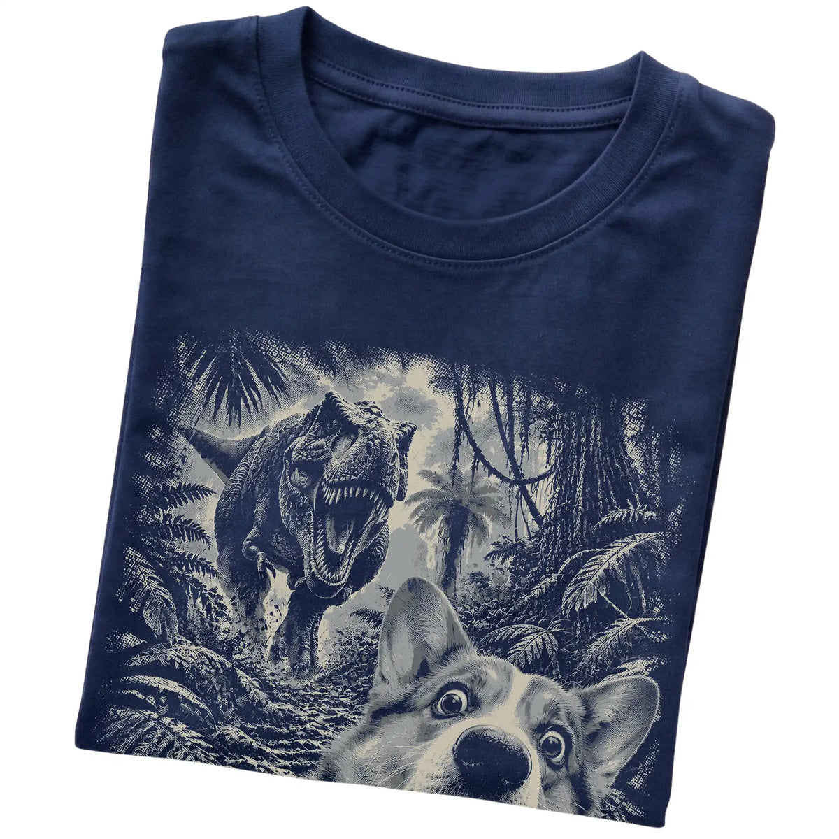 T-Rex Selfie Corgi Gildan Softstyle T-Shirt in Navy, folded detail