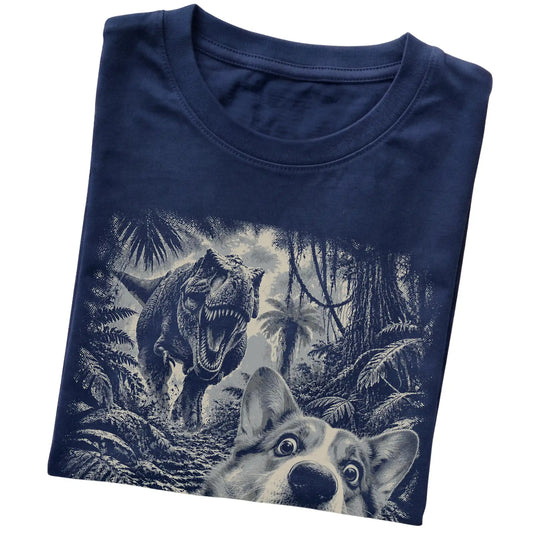 T-Rex Selfie Corgi Gildan Softstyle T-Shirt in Navy, folded detail