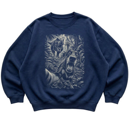 T-Rex Selfie Doberman Gildan Heavy Blend Crewneck Sweatshirt in Navy, flat lay