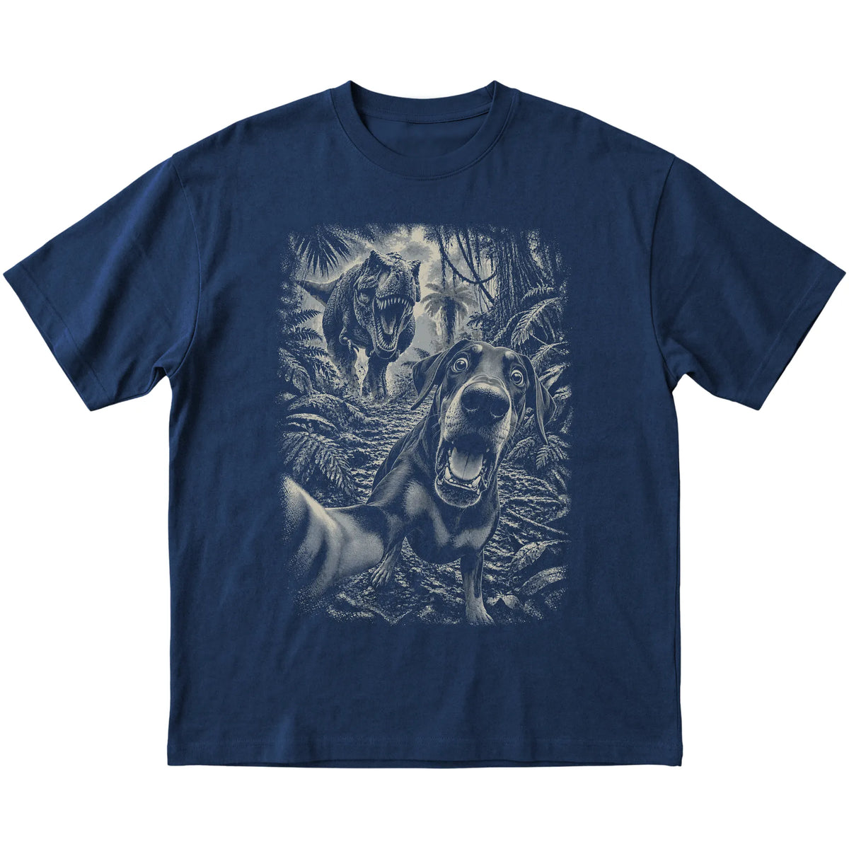 T-Rex Selfie Doberman Gildan Softstyle T-Shirt in Navy, flat lay