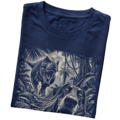 T-Rex Selfie Doberman Gildan Softstyle T-Shirt in Navy, folded detail