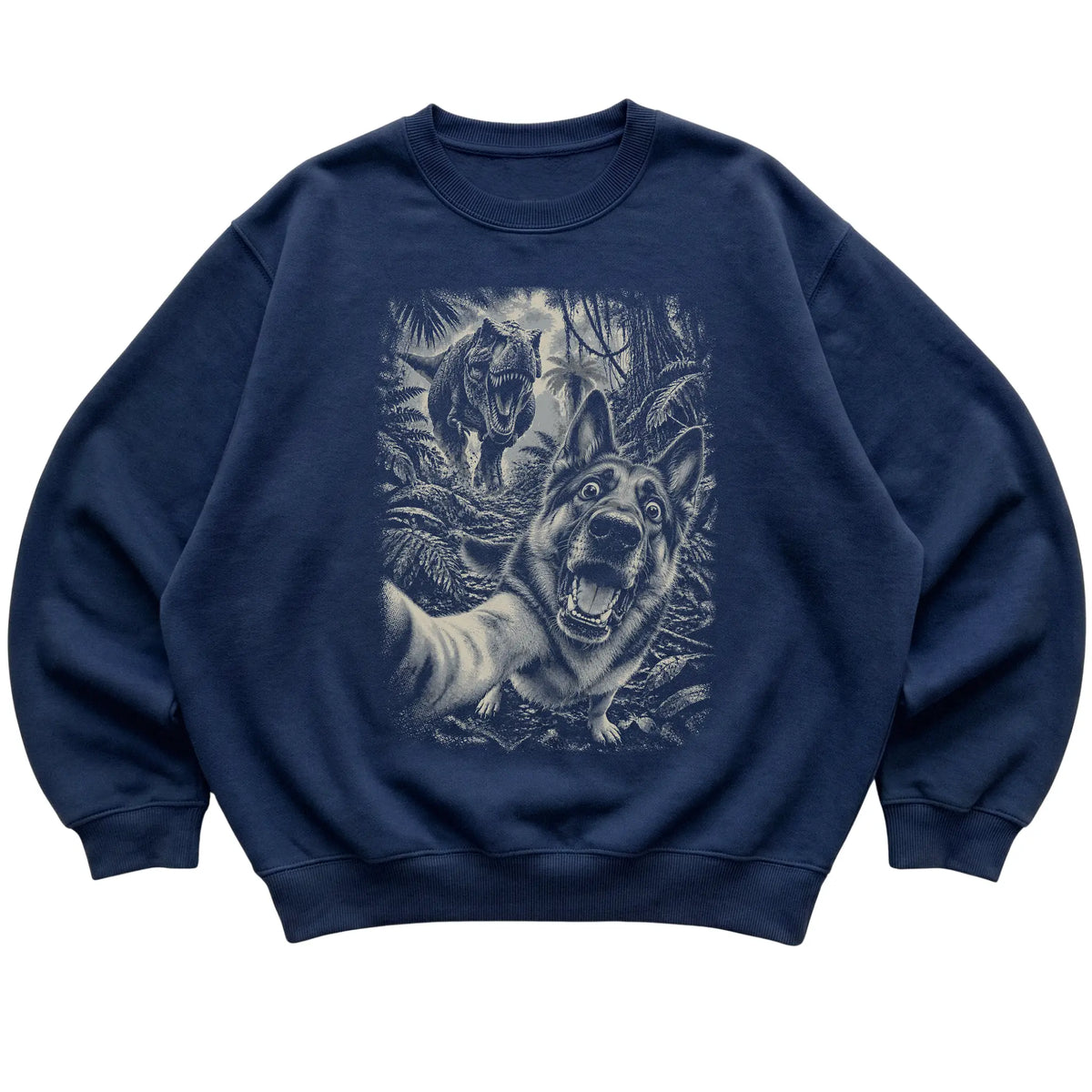 T-Rex Selfie German Shepherd Gildan Heavy Blend Crewneck Sweatshirt in Navy, flat lay