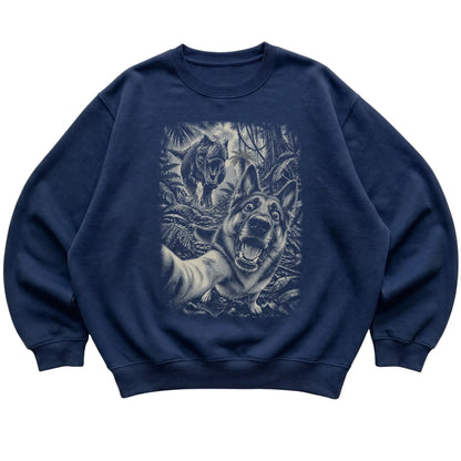 T-Rex Selfie German Shepherd Gildan Heavy Blend Crewneck Sweatshirt in Navy, flat lay