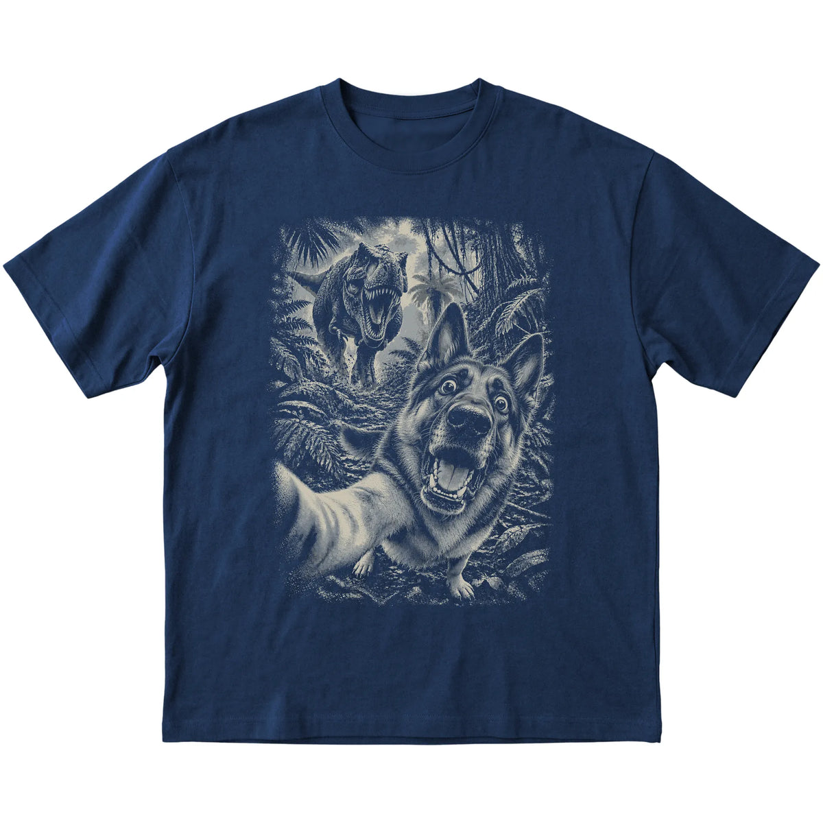 T-Rex Selfie German Shepherd Gildan Softstyle T-Shirt in Navy, flat lay