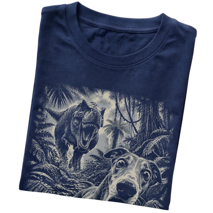 T-Rex Selfie Greyhound Gildan Softstyle T-Shirt in Navy, folded detail