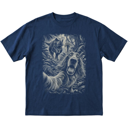 T-Rex Selfie Irish Setter Gildan Softstyle T-Shirt in Navy, flat lay