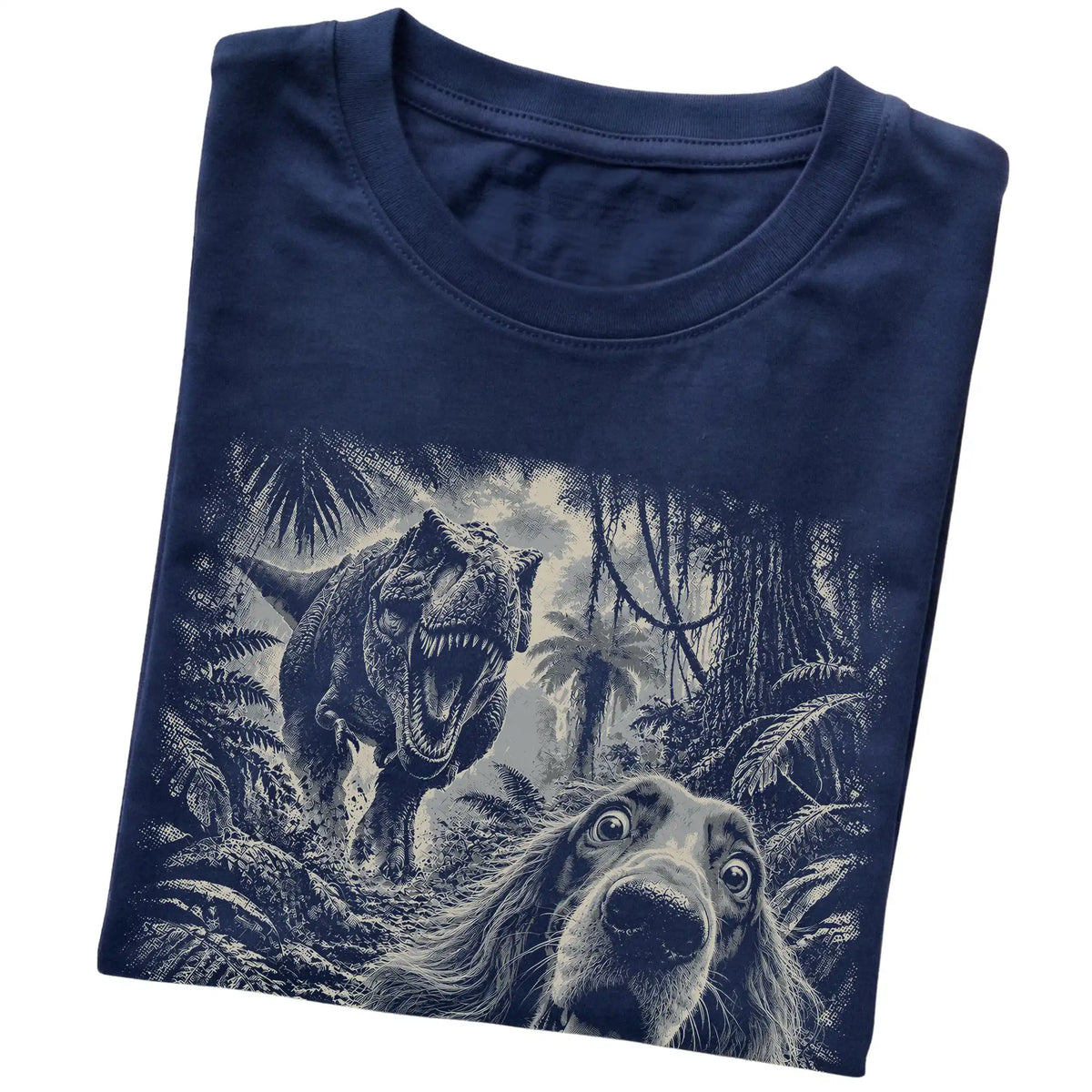 T-Rex Selfie Irish Setter Gildan Softstyle T-Shirt in Navy, folded detail