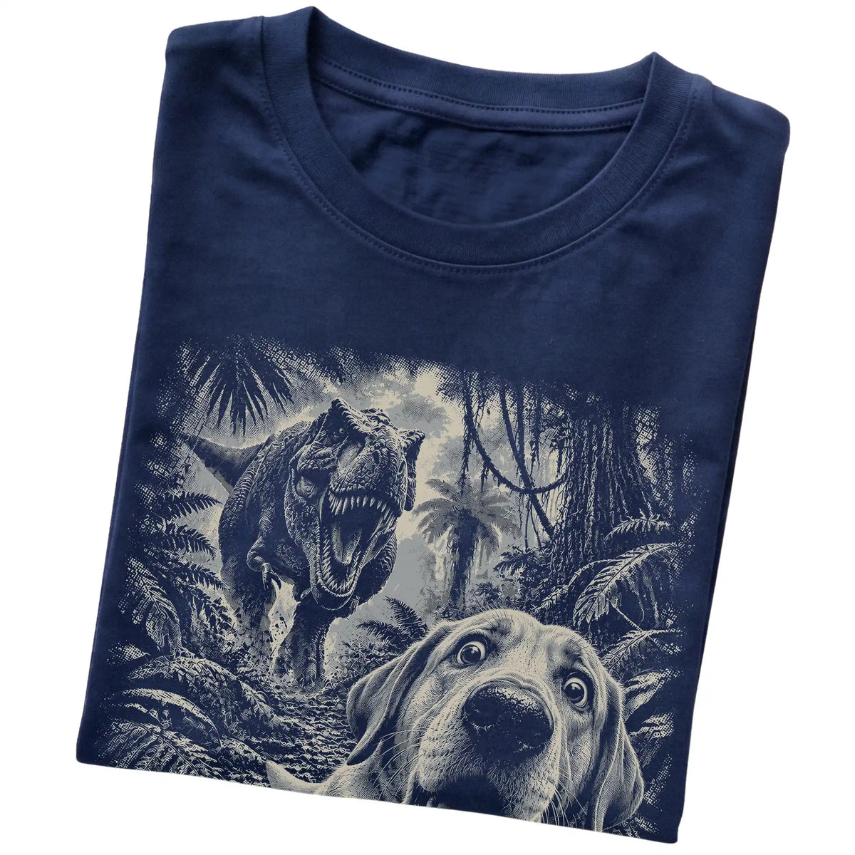 T-Rex Selfie Labrador Retriever Gildan Softstyle T-Shirt in Navy, folded detail