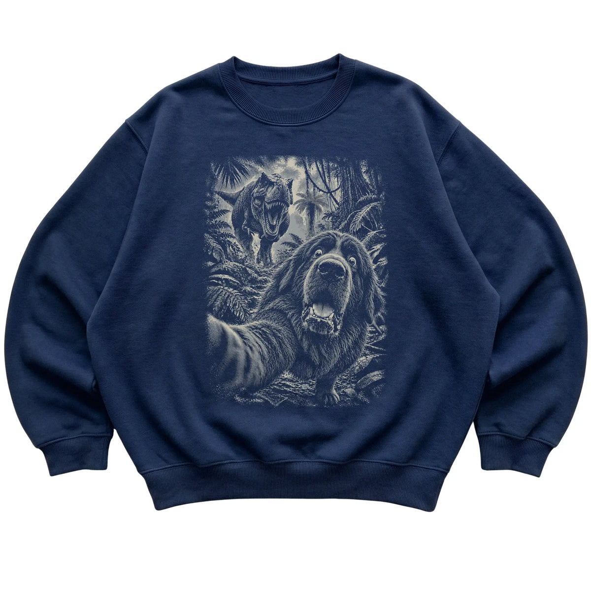 T-Rex Selfie Newfie Gildan Heavy Blend Crewneck Sweatshirt in Navy, flat lay