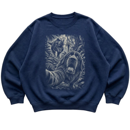 T-Rex Selfie Newfie Gildan Heavy Blend Crewneck Sweatshirt in Navy, flat lay