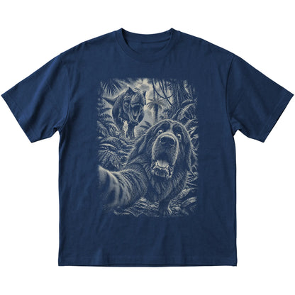 T-Rex Selfie Newfie Gildan Softstyle T-Shirt in Navy, flat lay