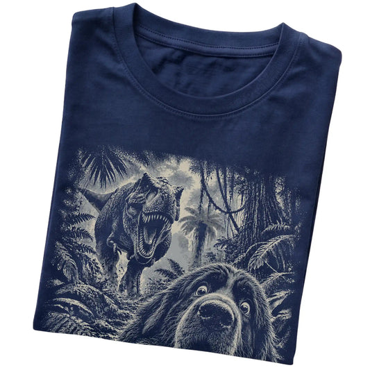 T-Rex Selfie Newfie Gildan Softstyle T-Shirt in Navy, folded detail