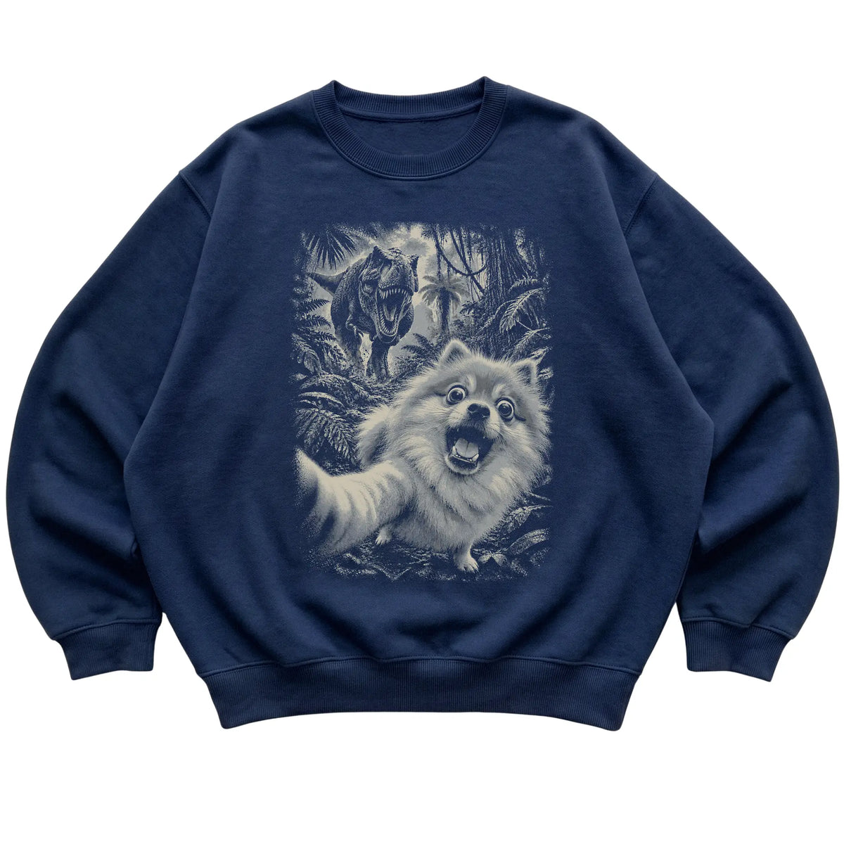 T-Rex Selfie Pomeranian Gildan Heavy Blend Crewneck Sweatshirt in Navy, flat lay