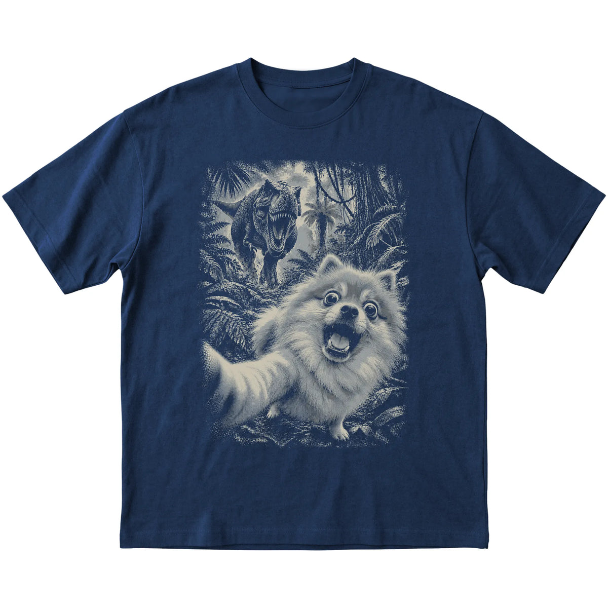 T-Rex Selfie Pomeranian Gildan Softstyle T-Shirt in Navy, flat lay