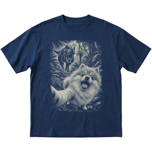 T-Rex Selfie Pomeranian Gildan Softstyle T-Shirt in Navy, flat lay