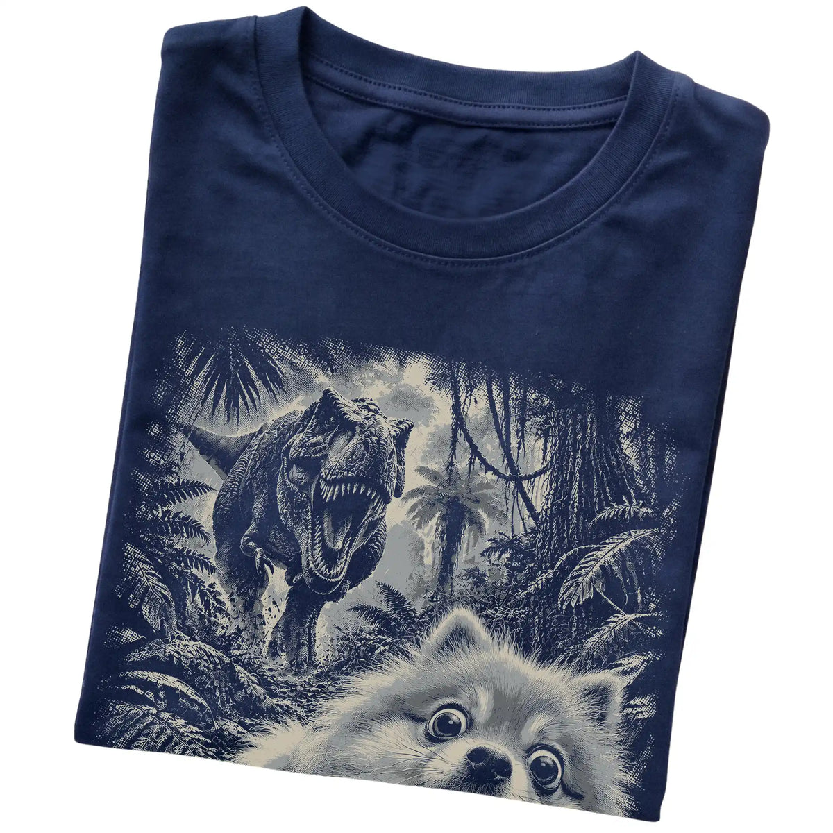 T-Rex Selfie Pomeranian Gildan Softstyle T-Shirt in Navy, folded detail