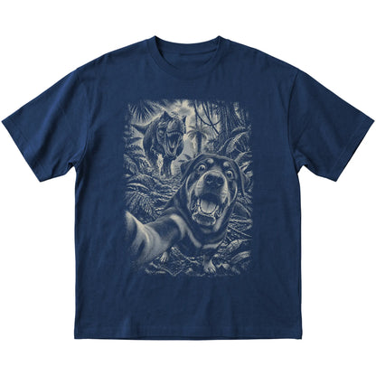 T-Rex Selfie Rottweiler Gildan Softstyle T-Shirt in Navy, flat lay