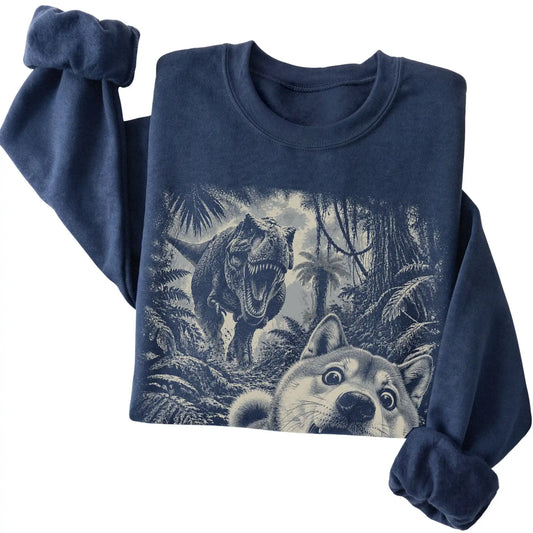T-Rex Selfie Shiba Inu Gildan Heavy Blend Crewneck Sweatshirt in Navy, folded detail