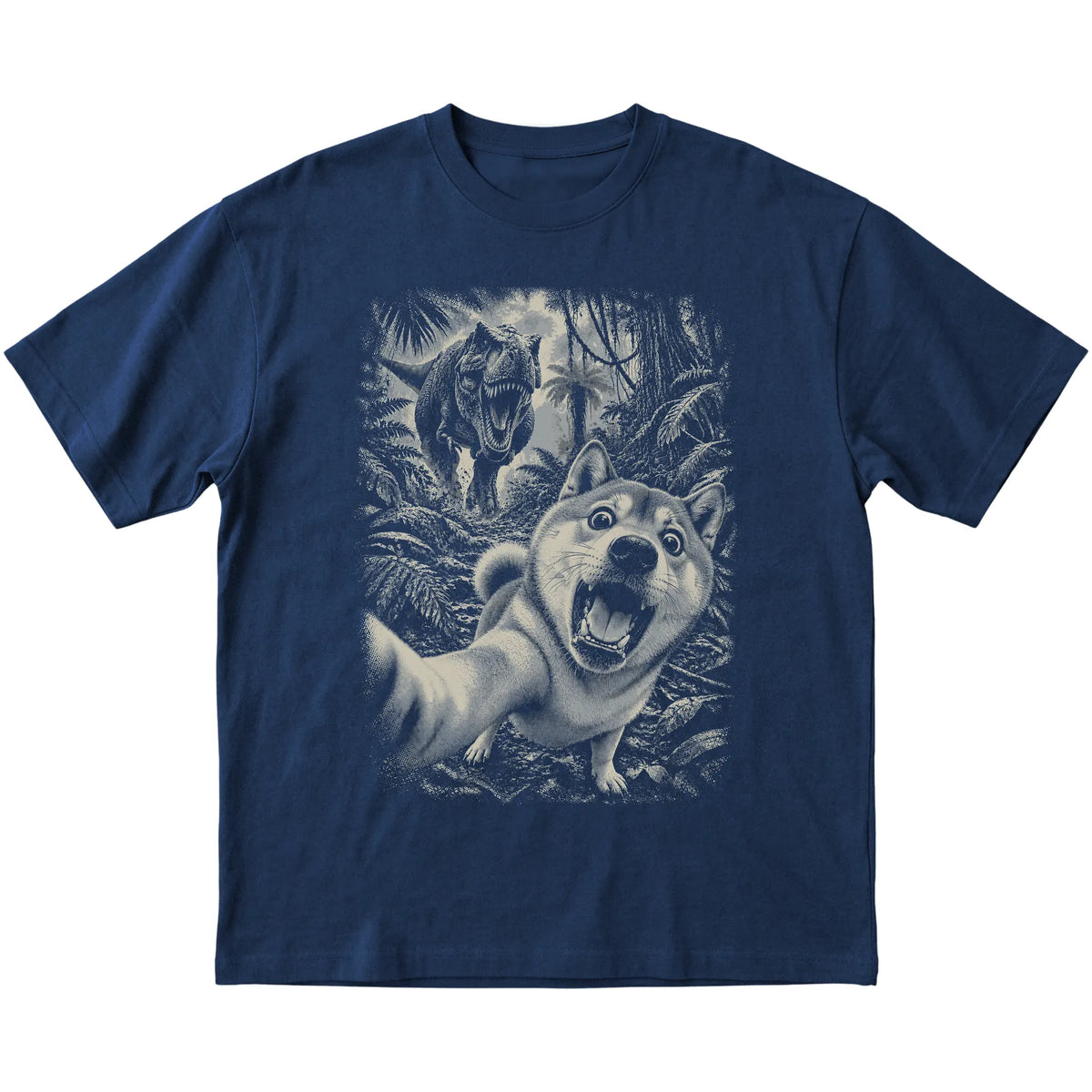 T-Rex Selfie Shiba Inu Gildan Softstyle T-Shirt in Navy, flat lay
