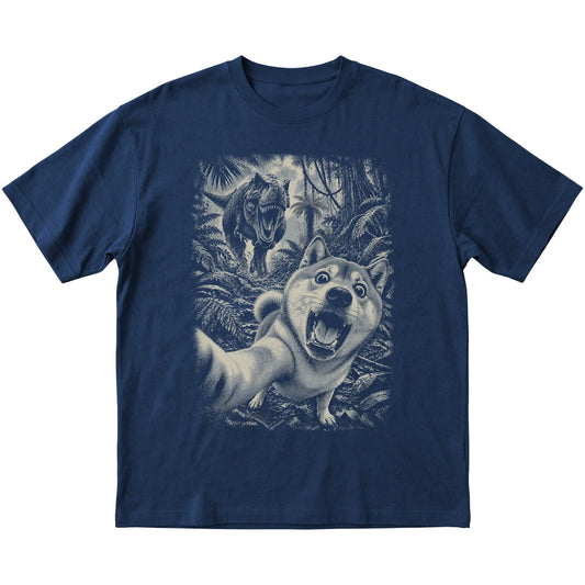 T-Rex Selfie Shiba Inu Gildan Softstyle T-Shirt in Navy, flat lay