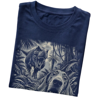 T-Rex Selfie Vizsla Gildan Softstyle T-Shirt in Navy, folded detail