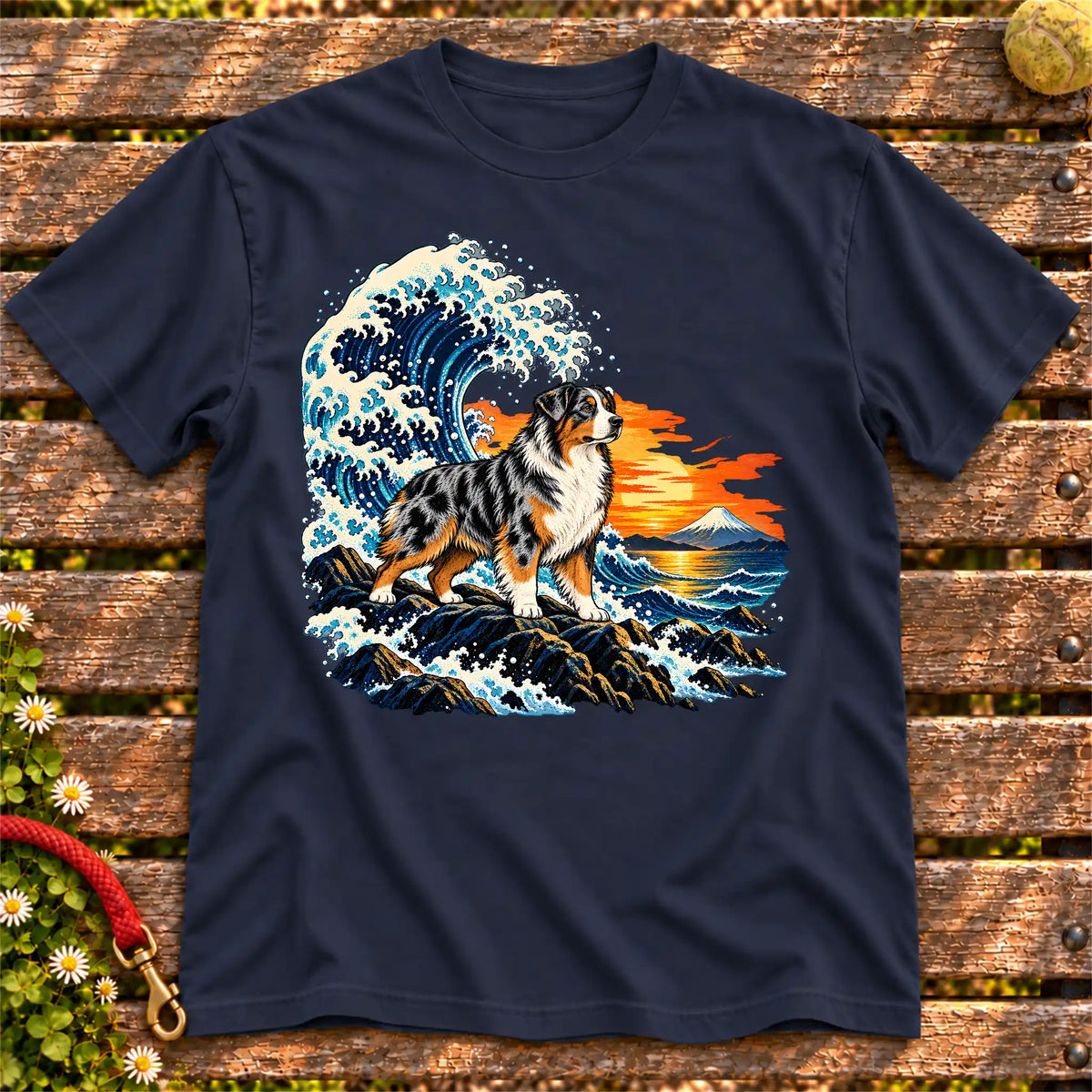 Australian Shepherd dog with ocean waves, sunset and Mount Fuji on a Navy Gildan T-shirt