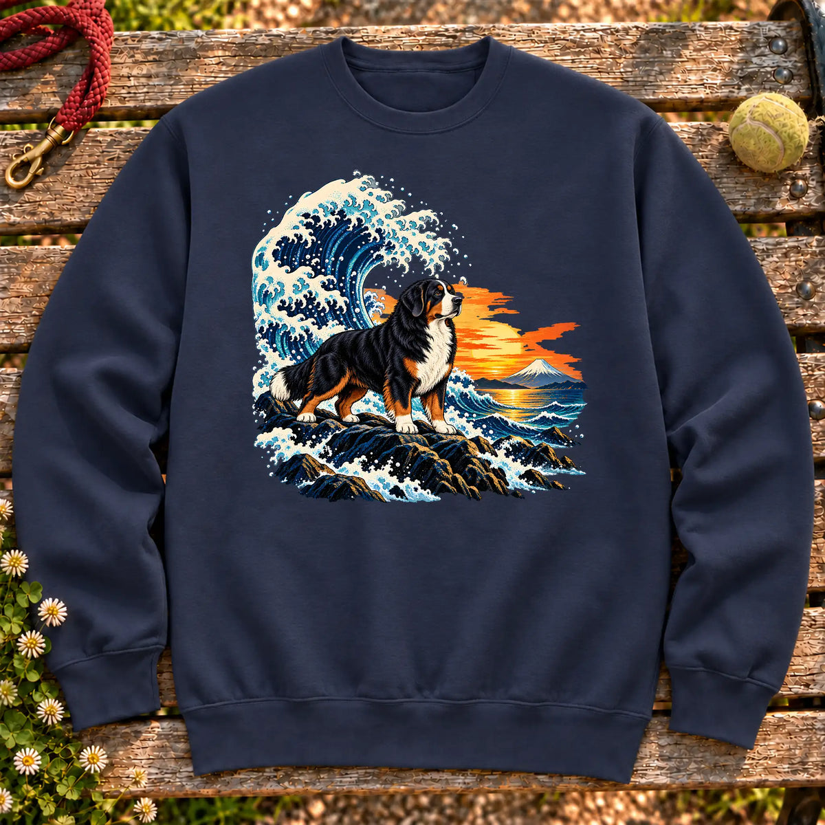 Bernese Mountain Dog dog with ocean waves, sunset and Mount Fuji on a Navy Gildan crewneck sweatshirt