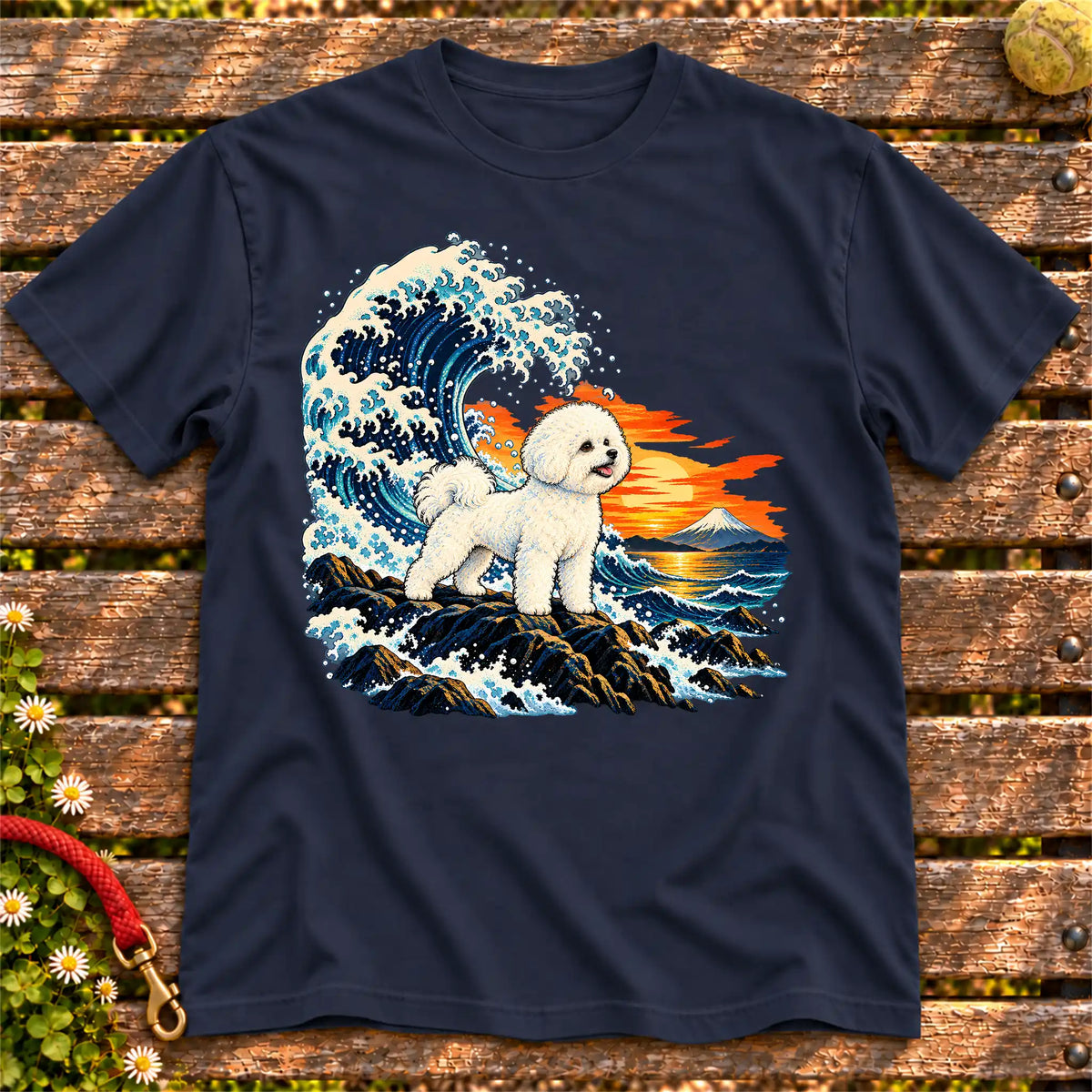Bichon Frise dog with ocean waves, sunset and Mount Fuji on a Navy Gildan T-shirt