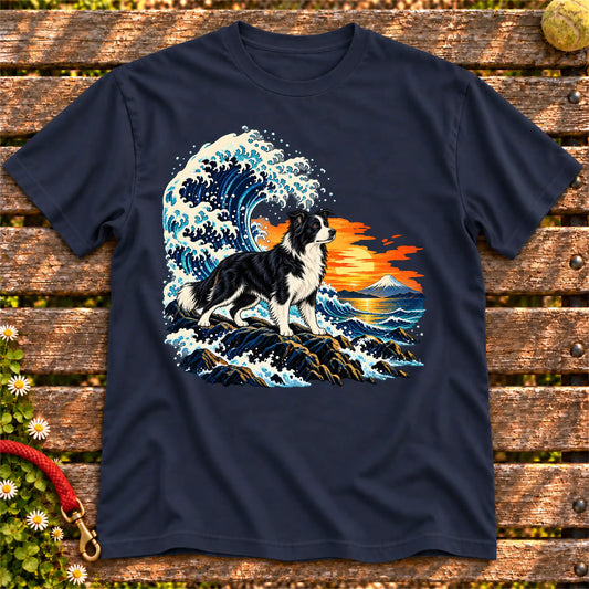 Border Collie dog with ocean waves, sunset and Mount Fuji on a Navy Gildan T-shirt
