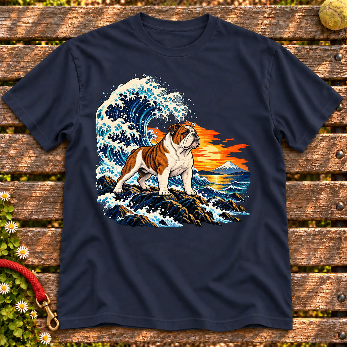 Bulldog dog with ocean waves, sunset and Mount Fuji on a Navy Gildan T-shirt