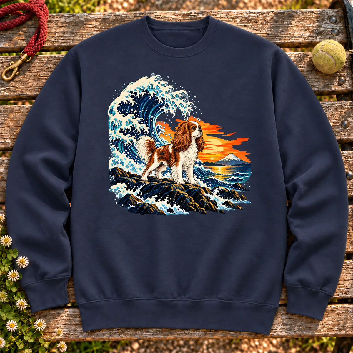 Cavalier King Charles Spaniel dog with ocean waves, sunset and Mount Fuji on a Navy Gildan crewneck sweatshirt