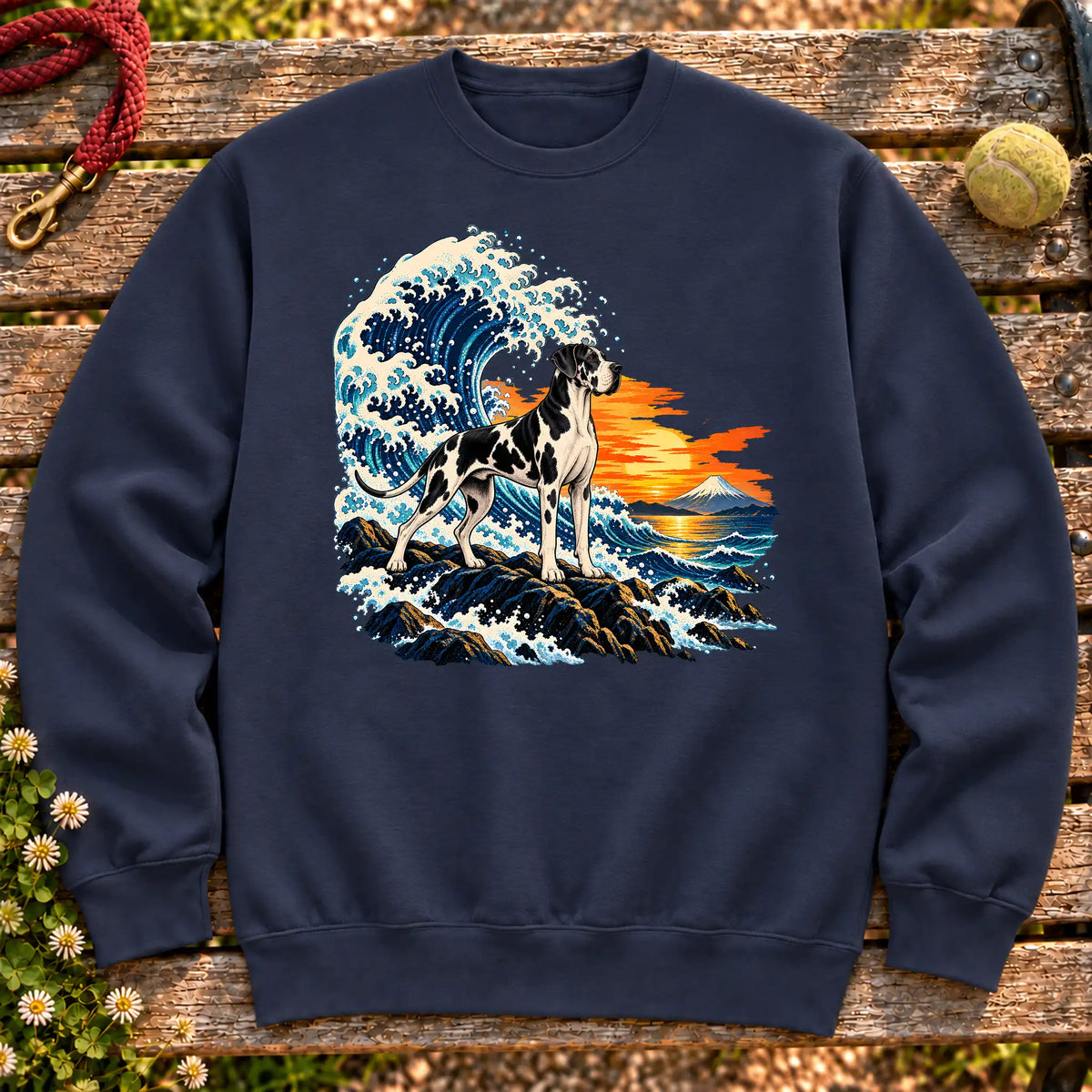 Great Dane dog with ocean waves, sunset and Mount Fuji on a Navy Gildan crewneck sweatshirt