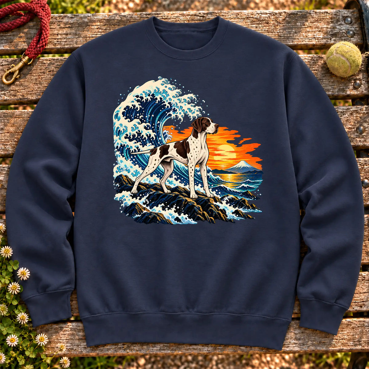 Pointer dog with ocean waves, sunset and Mount Fuji on a Navy Gildan crewneck sweatshirt