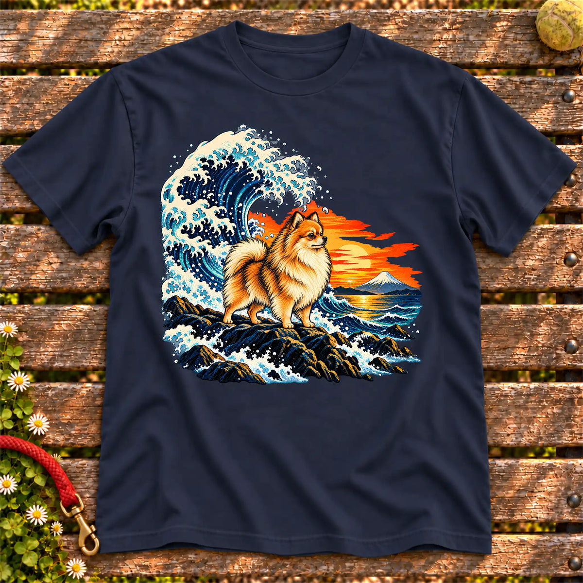 Pomeranian dog with ocean waves, sunset and Mount Fuji on a Navy Gildan T-shirt
